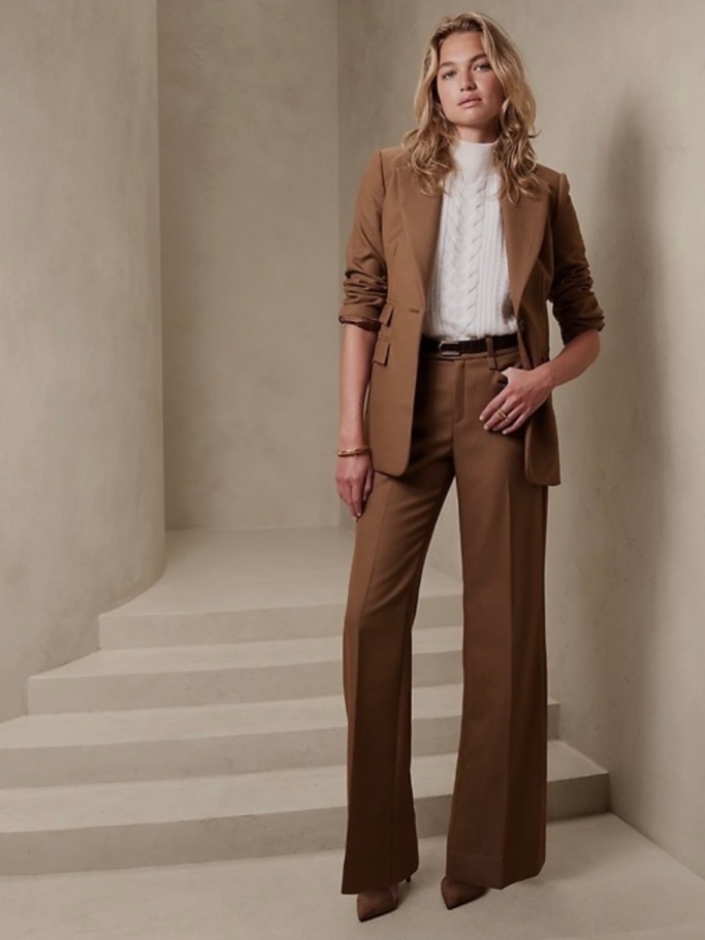 Banana Republic Lido 100% Wool Cinnamon Blazer & Wide Leg Pant Suit Size14